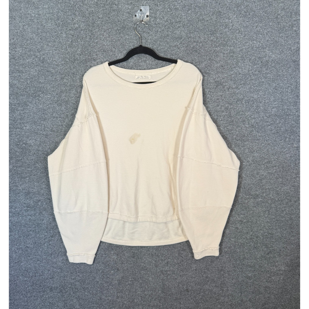 We The Free Shirt Womens Medium Tan Ribbed Boxy‎ Crop Oversized Long Sleeve Flaw